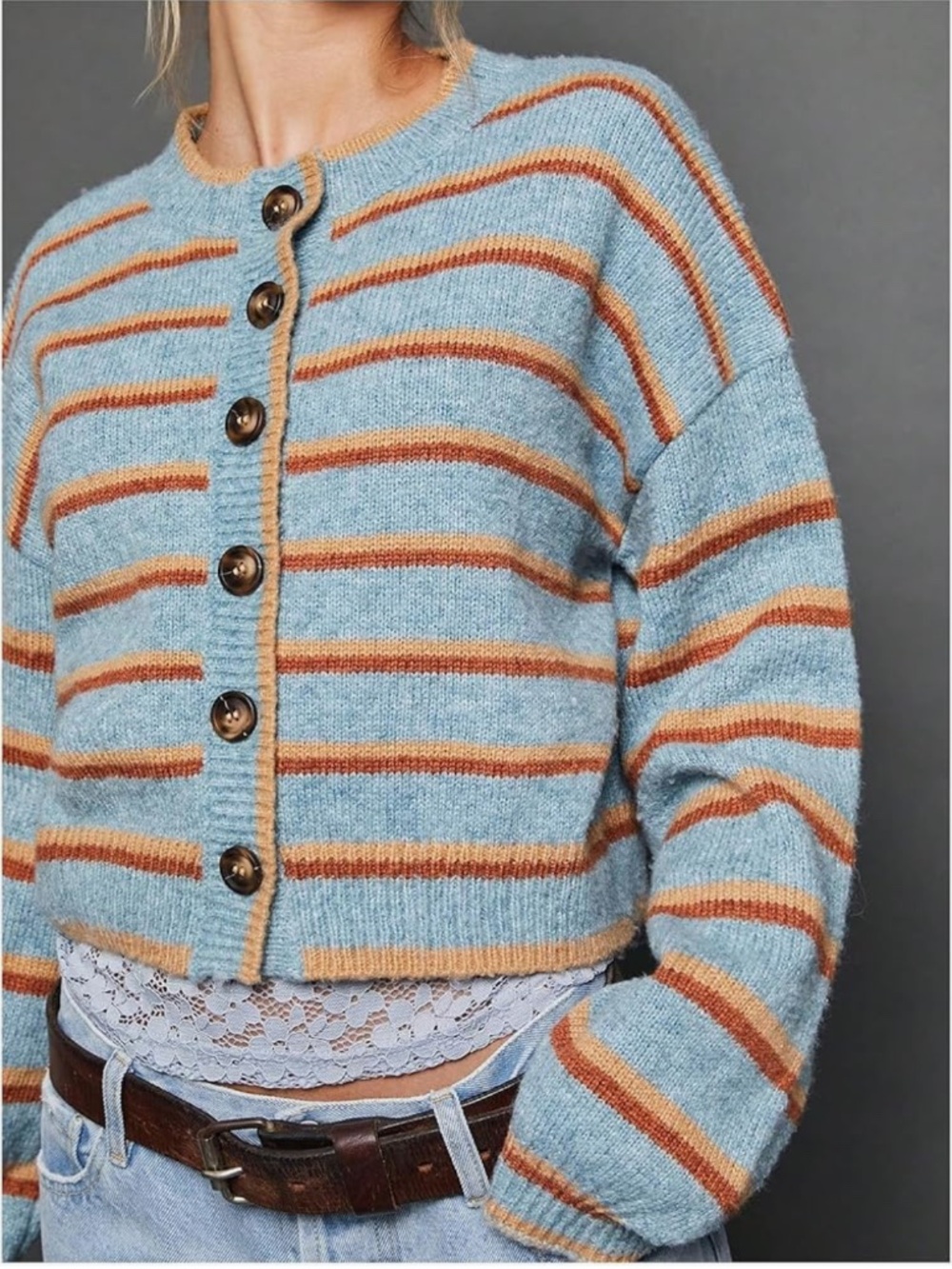 EUC Milumia Women's Striped Button Cardigan Sweater Knit Long Sleeve Crop Large